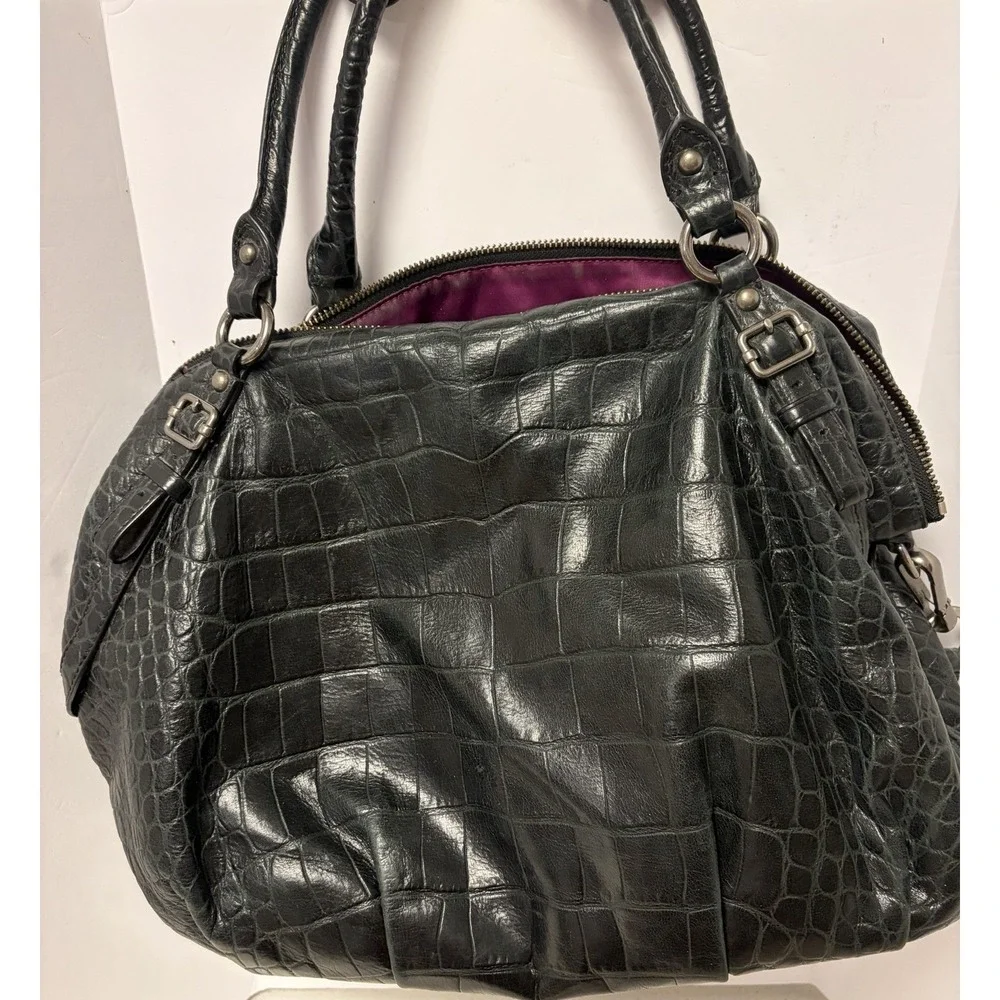 Vintage Coach Purse Madison Crocodile-Embossed Leather Black Purple Satin Lining